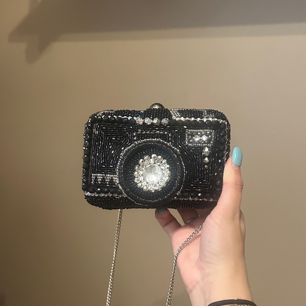 Black Beaded Camera-Shaped Clutch